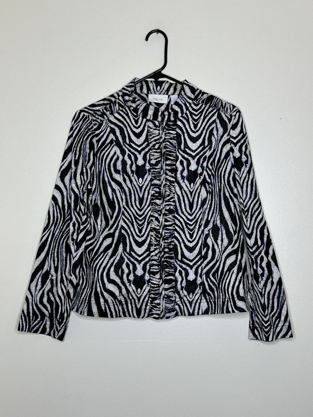 Chico's Womens Blue Cream Full Zip Ruched Detail Animal Print Jacket Sz 1 US 8